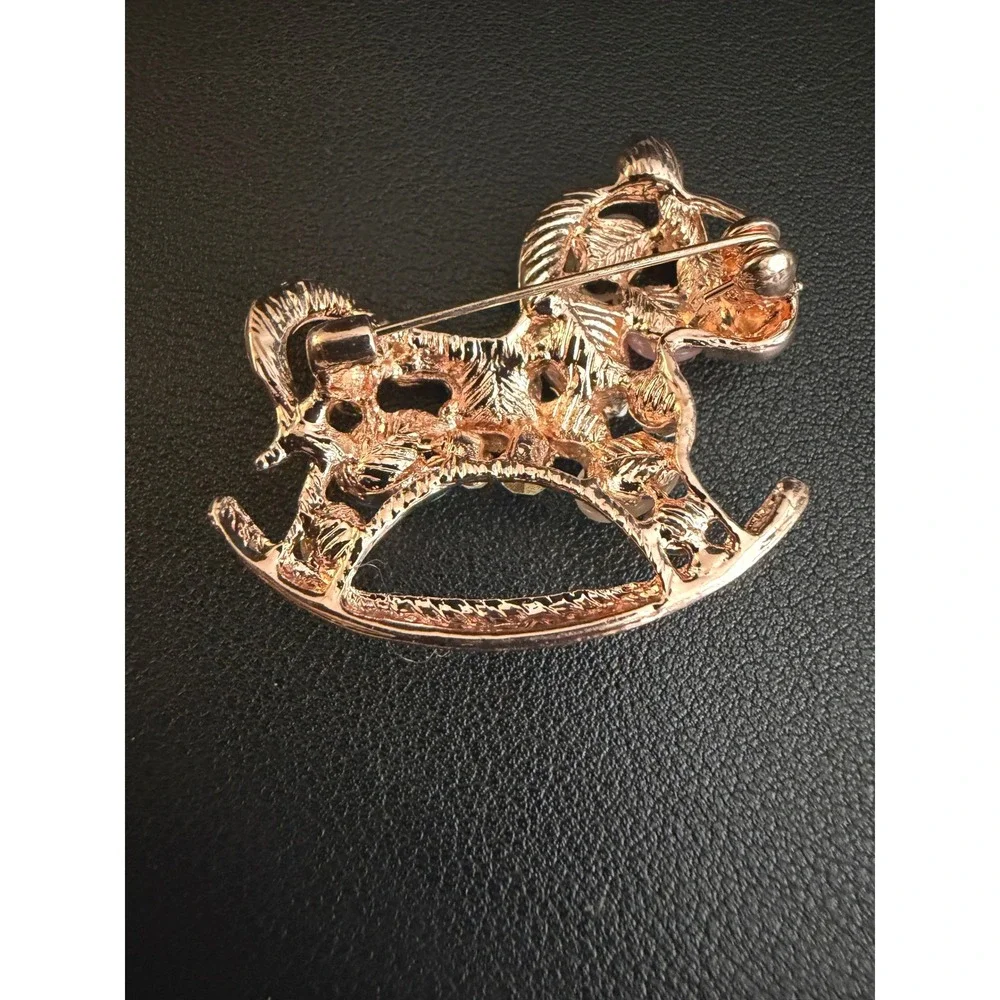 Rocking Horse Brooch Rhinestone Rose Gold Tone